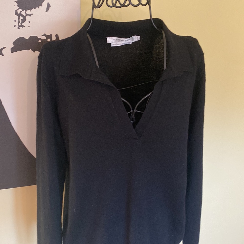 LAST CHANCE! Contemporaine by Simons Johnny Collar Black Merino Sweater - Size L